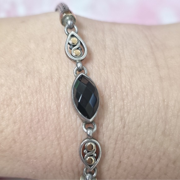 925 Sterling Silver - Onyx Gemstone Vintage Chain Bracelet -7-1/2&quot;